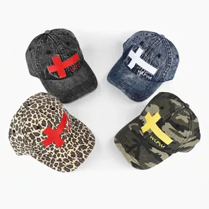 Four-piece set of washed baseball caps featuring cross embroidery and camouflage patterns