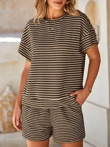 Casual women's two-piece set featuring a brown striped short sleeve top and shorts