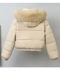 Detailed back view of a stylish beige women's short puffer jacket with a large fur collar
