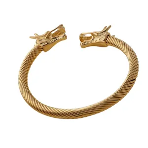 Men's punk style gold dragon head stainless steel twisted cable open bangle bracelet