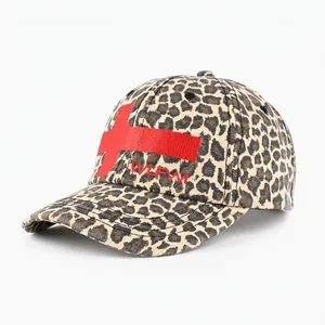 Leopard print baseball cap featuring red embroidered cross design for street hip hop style