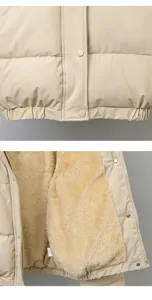 Close-up detail of beige puffer jacket with warm fuzzy sherpa lining and snap buttons.