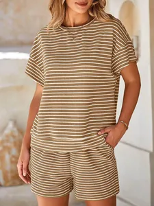 Detail of women's striped casual two-piece set featuring short-sleeved T-shirt and shorts