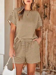 Casual striped two-piece set featuring short sleeve T-shirt and matching shorts for women
