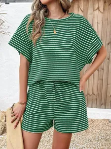 Stylish green and white striped two-piece women casual set with T-shirt and shorts