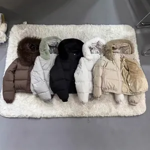 Short hooded padded parka jacket with large faux fur collar available in five colors