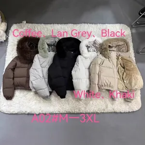 Women's short winter hooded puffer jackets with large faux fur collar, available in multiple colors