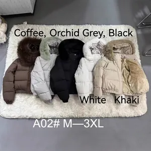Women's short padded puffer jacket with large faux fur collar available in multiple colors.
