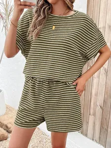 Detailed view of women's olive green and white striped casual two-piece T-shirt and shorts set