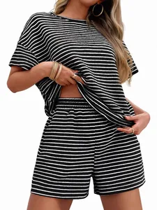 Women's casual two-piece striped set with short sleeve t-shirt and matching shorts
