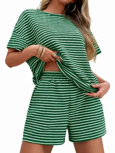 Green and white striped women's casual two-piece set with t-shirt and shorts