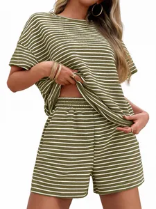 Women's two-piece casual striped lounge set with short sleeve T-shirt and shorts