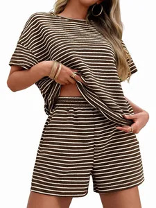 Brown and white striped two-piece loungewear set with short sleeve tee and shorts
