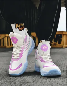 High-top basketball shoes for men in white and purple street style training shoes