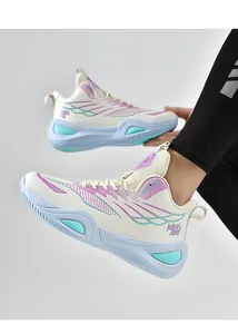 Side view of premium high-top basketball shoes featuring cream, purple, and cyan details