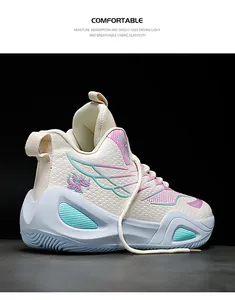 Detailed side view of off-white high-top basketball shoes with teal and pink accents