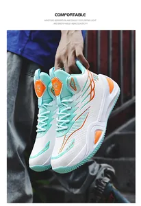 White and teal high-top basketball shoes with breathable fabric and orange accents.