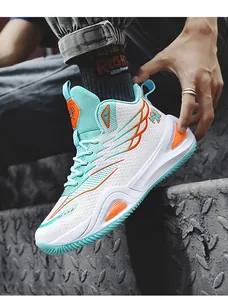 Professional high-top basketball sneakers for men with cyan and orange wing design