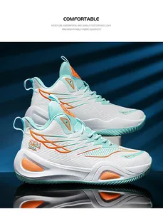 Macro detail view of high-top basketball shoes in white, mint green, and orange.