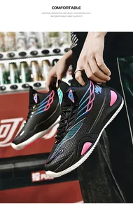 Detailed view of black high-top basketball shoes with pink and blue wing designs