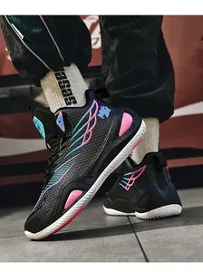 Stylish black high-top basketball shoes featuring vibrant pink and blue wing designs