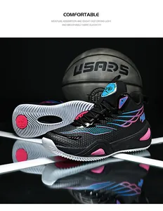 Breathable men's high-top basketball shoes with dynamic pink and blue accents on reflective surface