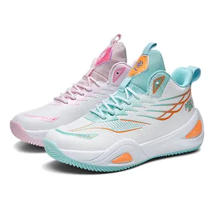 Men's high-top mismatched basketball shoes in pink and blue colorway for training