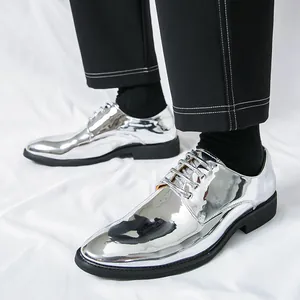 Men's silver metallic pointed toe dress shoes for formal and stage performance