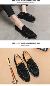 Schwarze Wildleder-Loafer für Herren mit Quasten, weißen Nähten und britischem Stil