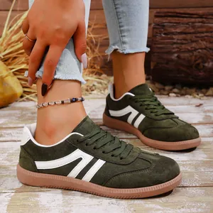 Retro dark green suede flat sneakers with white stripes for women fashionable daily wear