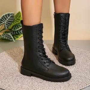 Klassieke zwarte halfhoge veterschoenen voor dames met ritssluiting en ronde neus