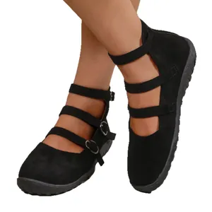 French vintage black suede square toe Mary Jane flats with triple ankle straps and buckles