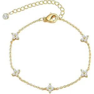 Bracelet en Cuivre Plaqué Or 18K Strass Étoile Trèfle à Quatre Feuilles Chaîne de Main Collier pour Femme Bijoux Cadeau