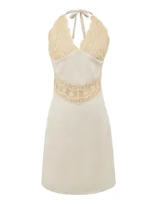 Elegantes rückenfreies Neckholder-Minikleid mit Spitze und V-Ausschnitt in Creme-Beige
