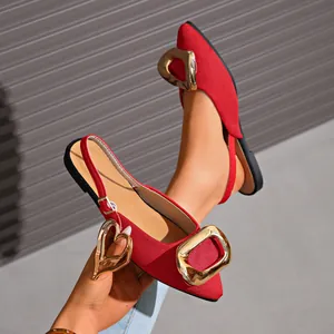 Women's French Pointed Toe Flat Slingback Sandals With Large Gold Buckle Fabric Upper Minimalist Summer Casual Shoes