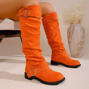 Women's Over-the-Knee Slouchy Boots Suede Chunky Heel Slender Fashion Versatile Belt Buckle Autumn Winter Boots