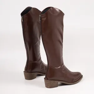Detailed back view of women's brown knee-high leather boots with chunky heels and zippers
