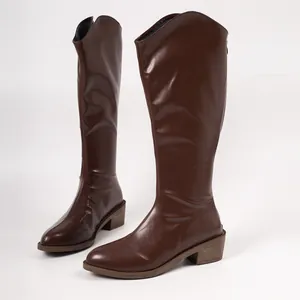 Fashionable brown knee-high boots featuring a chunky heel and convenient rear zipper design