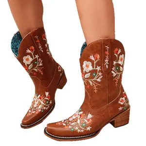 Women's pointed-toe western boots with vintage floral embroidery and mid-heel
