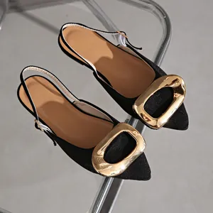 Pointed toe flat slingback sandals with oversized gold buckle in French elegant style