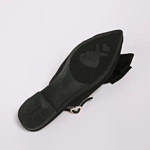 Close-up of black flat shoe sole featuring finger heart pattern and size marking