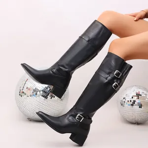 Elegant black knee-high fashion boots with silver buckle straps and pointed toe