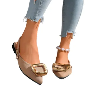 Elegant French style pointed-toe flat slingback sandals with decorative oversized gold buckle