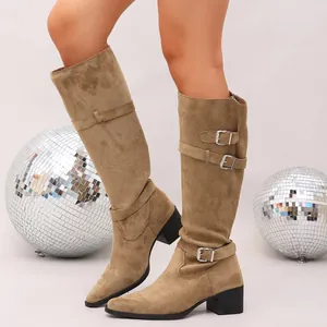 Khaki suede tall boots for women with stylish silver buckle details and block heels.