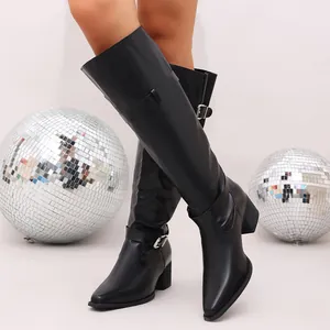 Fashionable black pointed-toe over-the-knee boots with metallic buckle and block heel design