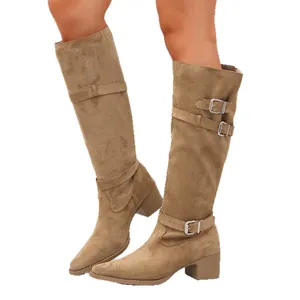 Fashionable women's tan suede knee-high boots with buckles and block heel