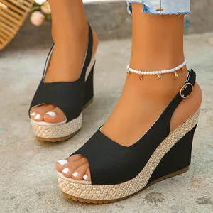 Detailed view of women's black platform wedge sandals with peep-toe and espadrille heel