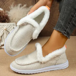 Bequeme Damen-Slipper aus Leinen mit flauschigem Kunstfellfutter und Gummisohle