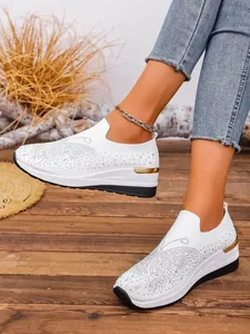 White fly-knit platform sneakers with rhinestones and thick wedge sole for women shoes