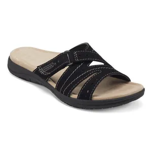 Comfortable black women's slide sandals with laser-cut floral patterns and arch support